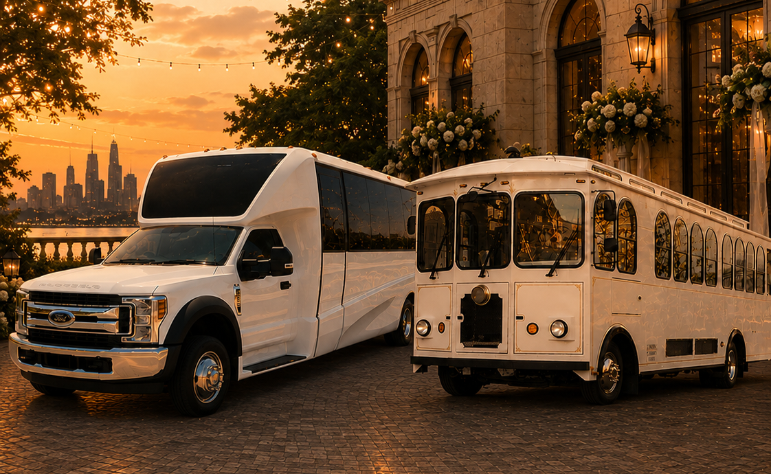 White wedding trolley and party bus parked side by side at a Chicago venue at sunset